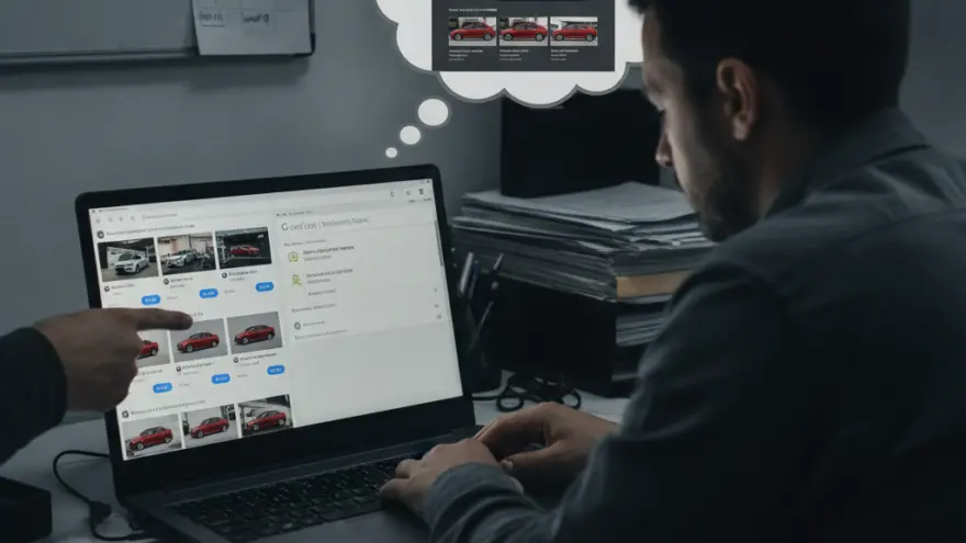 Un hombre sentado frente a una computadora portátil que muestra un sitio web de venta de automóviles mientras otra persona señala la pantalla.