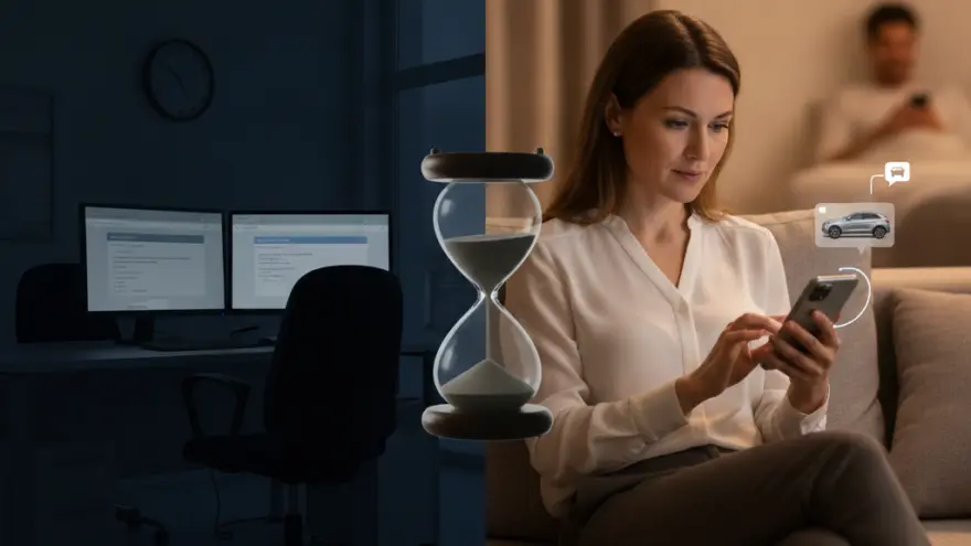 Una imagen dividida que muestra una oficina oscura y vacía a la izquierda y a una mujer sentada en un sofá usando su teléfono móvil a la derecha, con un reloj de arena en el centro.