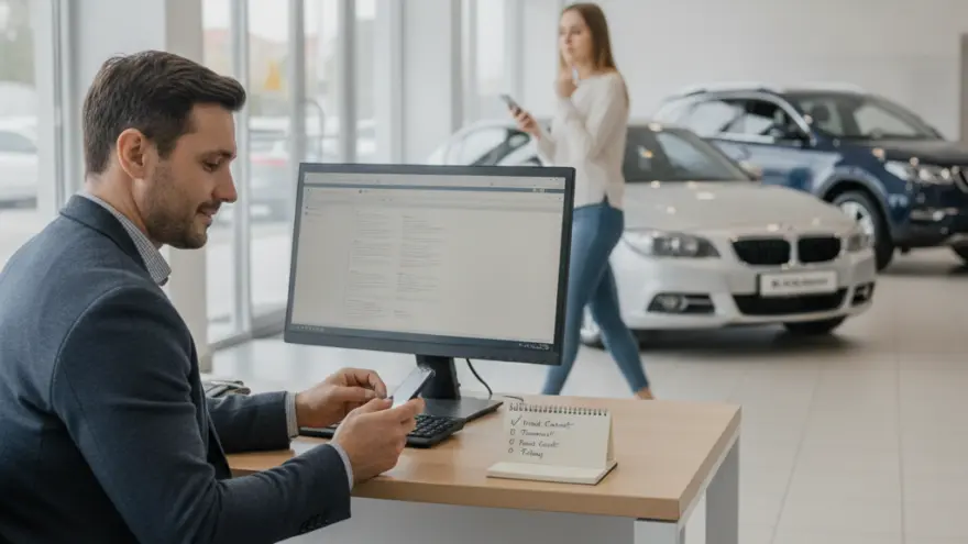 Un hombre sentado frente a un ordenador de escritorio utiliza su teléfono móvil en un concesionario de coches con una mujer y dos vehículos al fondo.