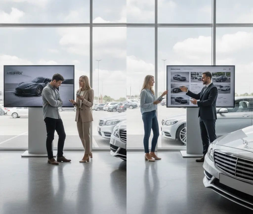 Dos escenas en un concesionario de coches donde asesores comerciales muestran opciones de vehículos en pantallas digitales a clientes junto a coches expuestos.