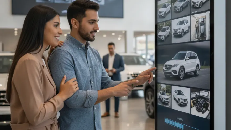 Una pareja sonriente mira una gran pantalla interactiva que muestra imágenes de vehículos en el interior de un concesionario de coches.