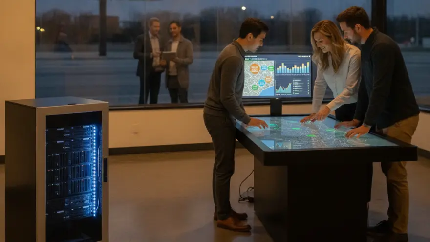 Trois personnes interagissent avec une grande table tactile affichant une carte dans une pièce moderne à côté d'une baie de serveurs informatique.