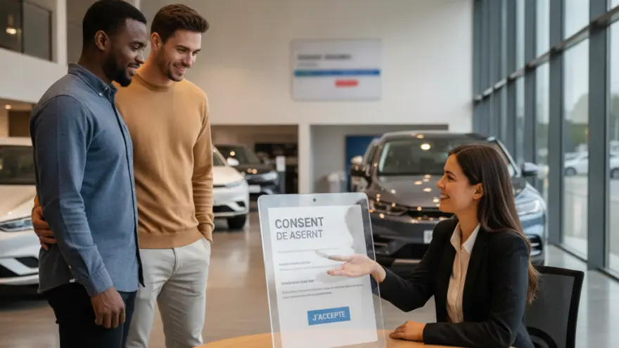 Une conseillère assise à une table ronde présente un document de consentement sur un support transparent à un couple d'hommes debout dans une concession automobile.