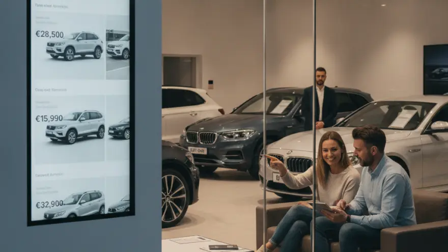 Un couple assis sur un canapé regarde une tablette dans une concession automobile, à côté d'un écran affichant des voitures d'occasion.