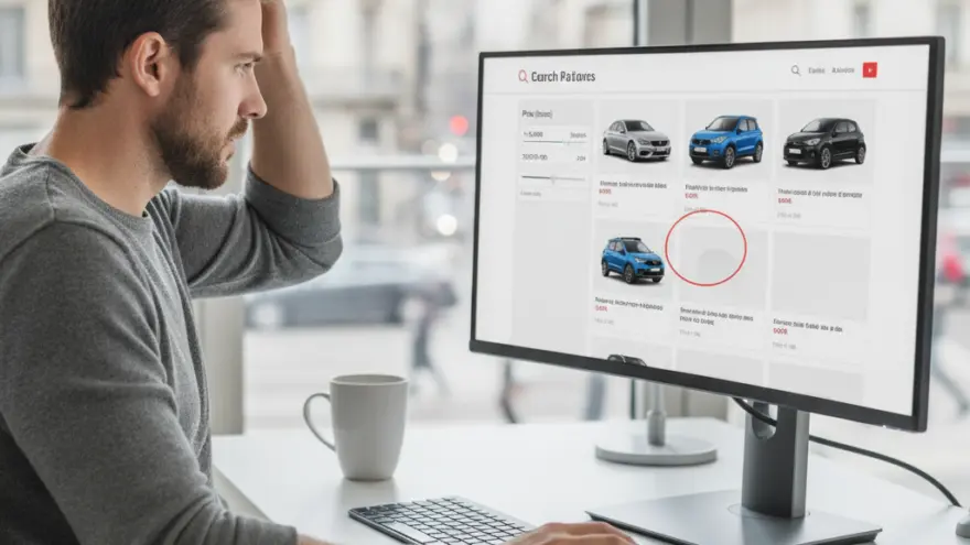 Un homme assis à un bureau regarde un écran d'ordinateur affichant un site de vente de voitures d'occasion.