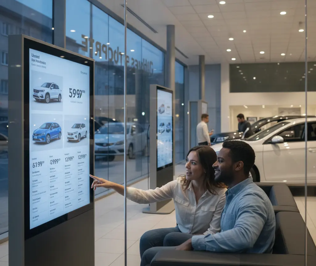 Un couple assis sur un canapé dans une concession automobile regarde et pointe du doigt un grand écran tactile affichant des voitures d'occasion.