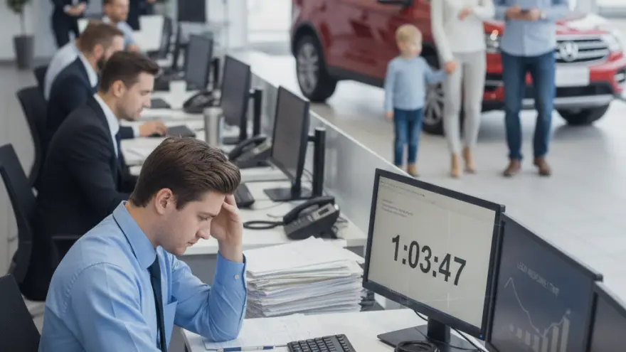 Un conseiller assis à son bureau dans une concession automobile regarde ses écrans d'ordinateur d'un air pensif, tandis que d'autres employés travaillent en arrière-plan et qu'une famille regarde un véhicule rouge.