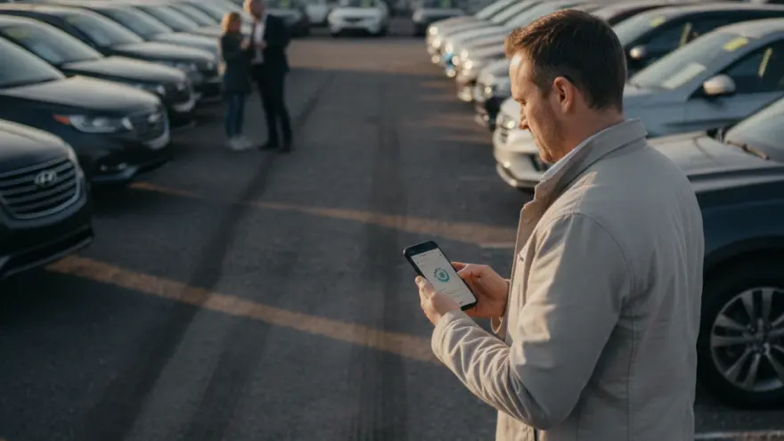 Un homme regarde son smartphone au milieu d'un parc d'exposition de voitures d'une concession automobile.