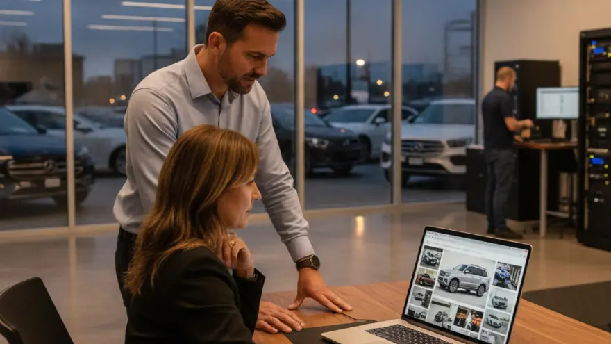 Un homme debout et une femme assise regardent l'écran d'un ordinateur portable affichant des photos de voitures dans un bureau de concessionnaire automobile.
