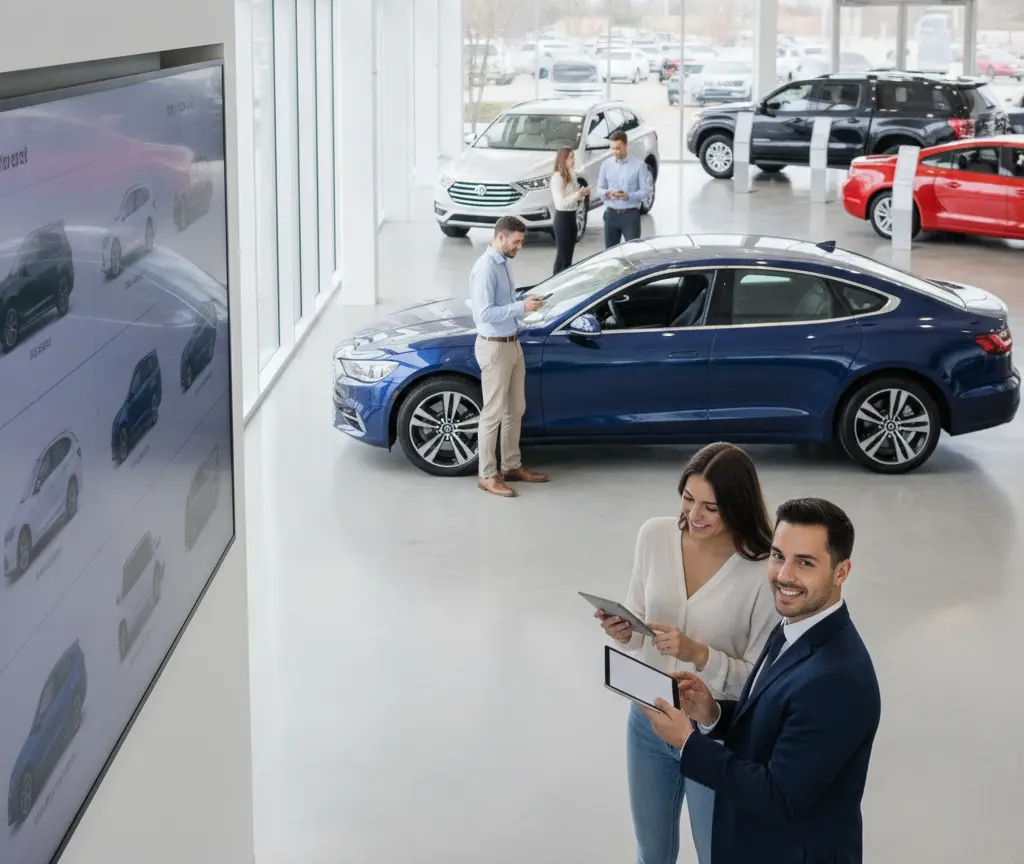 Un conseiller et une cliente utilisent des tablettes dans une concession automobile lumineuse, entourés de plusieurs voitures exposées.