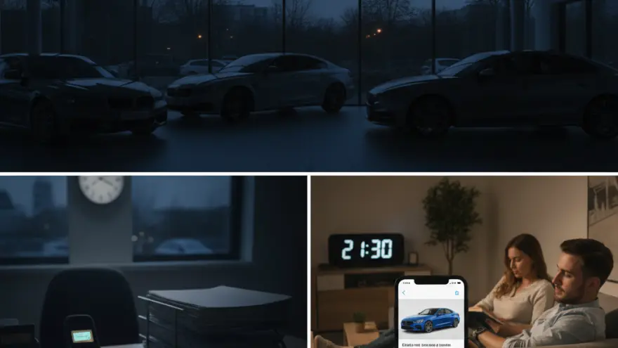 Un montage de trois images montrant une concession automobile fermée la nuit, un bureau sombre avec un téléphone à clapet et un couple sur un canapé regardant une voiture bleue sur un smartphone.