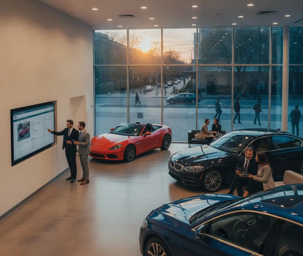 Des clients et des conseillers échangent dans le hall d'exposition d'une concession automobile moderne avec de grandes baies vitrées.