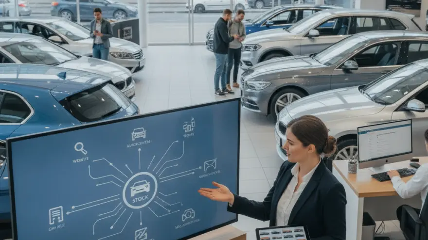 Une conseillère en concession automobile présente un schéma de gestion de stock sur un grand écran tout en tenant une tablette.