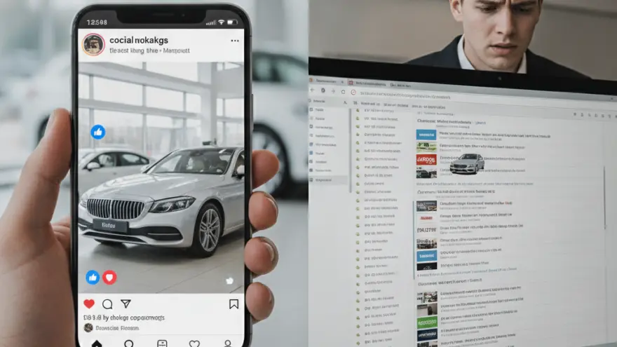 Une main tient un smartphone affichant une photo de voiture sur un réseau social à côté d'un homme inquiet devant son écran d'ordinateur.