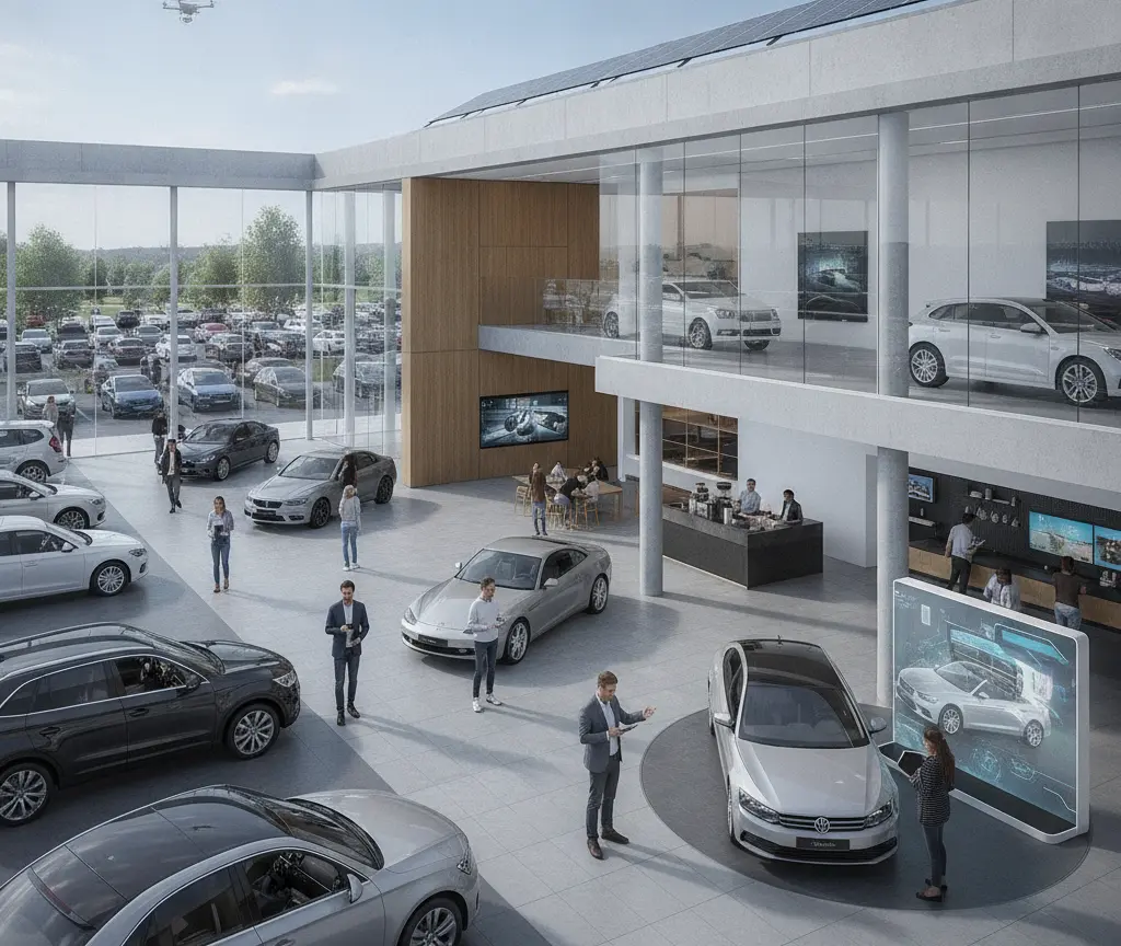 Vista elevada del interior de un concesionario de coches moderno y luminoso con varios vehículos expuestos, clientes y personal.