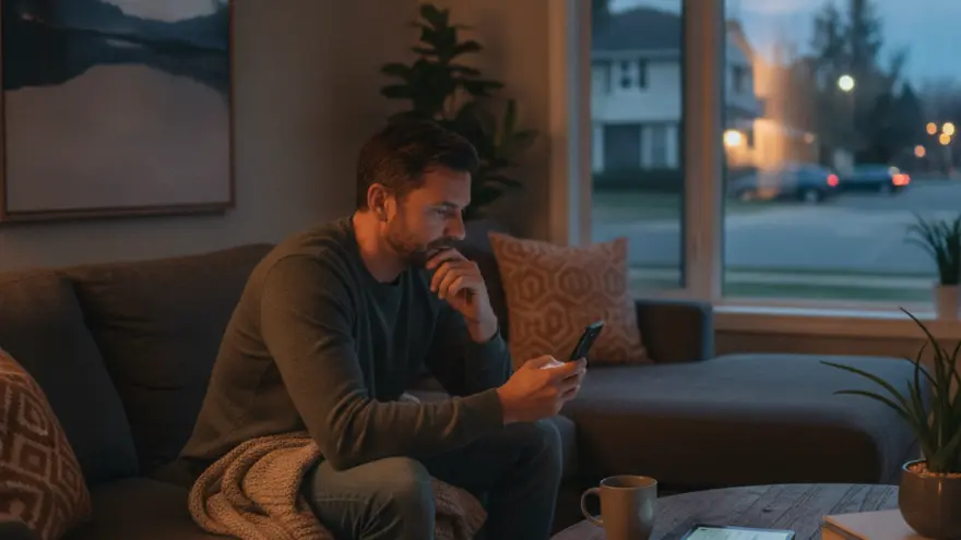 Un uomo seduto su un divano in soggiorno mentre guarda lo schermo del suo smartphone di sera.