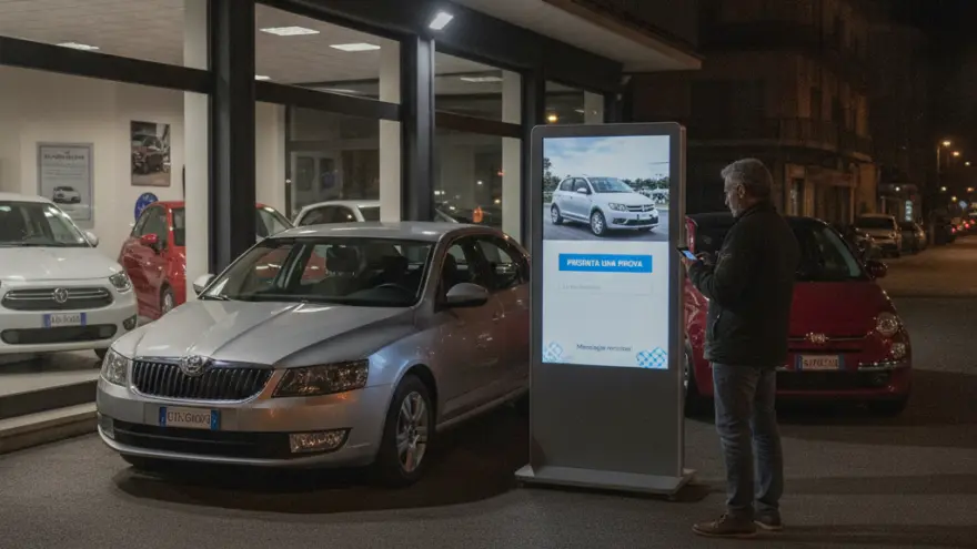 Un uomo in piedi di notte davanti a una concessionaria d'auto mentre guarda uno schermo informativo verticale e tiene in mano uno smartphone.
