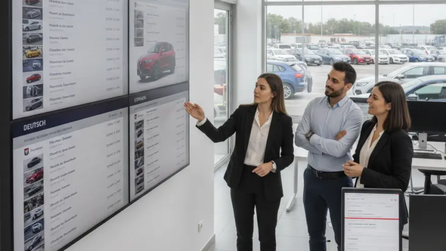 Una consulente mostra a una coppia di clienti un grande schermo a parete con un elenco di auto all'interno di una concessionaria.