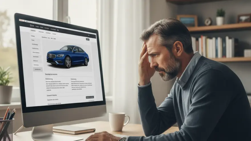 Un uomo seduto alla scrivania guarda con aria pensosa lo schermo di un computer che mostra la pagina web di un'auto blu.