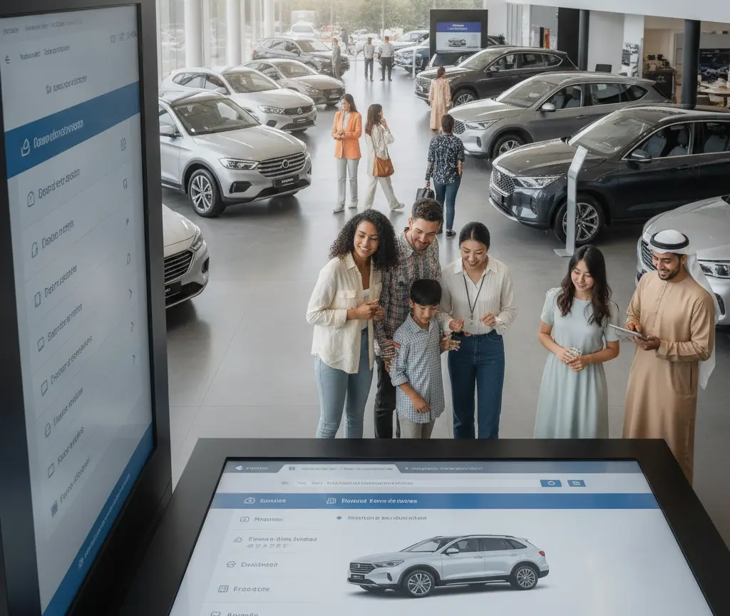 A group of people stands around a large interactive digital screen displaying a car in a spacious car dealership showroom filled with various vehicles.