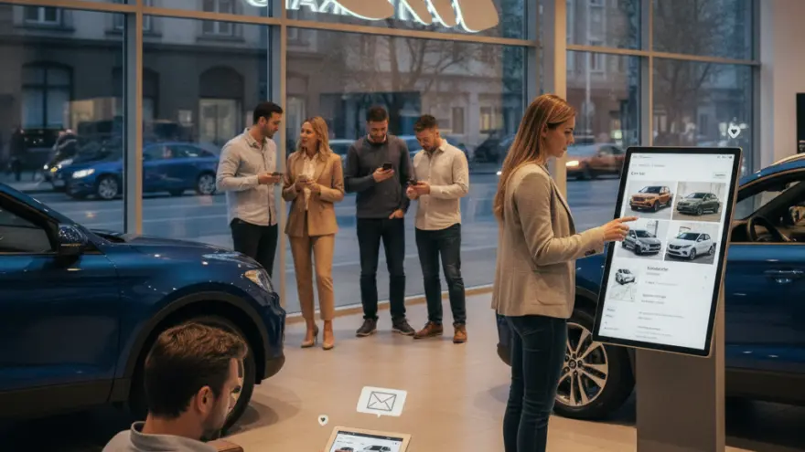 Una mujer interactúa con una pantalla táctil vertical en un concesionario de coches mientras un hombre sentado usa una tableta y un grupo conversa al fondo.