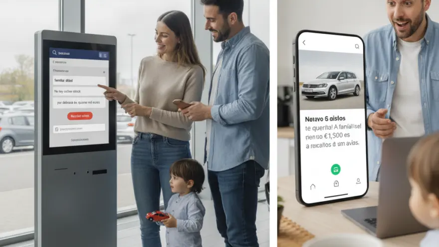 Un hombre, una mujer y un niño pequeño miran una pantalla interactiva en un concesionario, junto a una imagen de un teléfono móvil que muestra un coche.