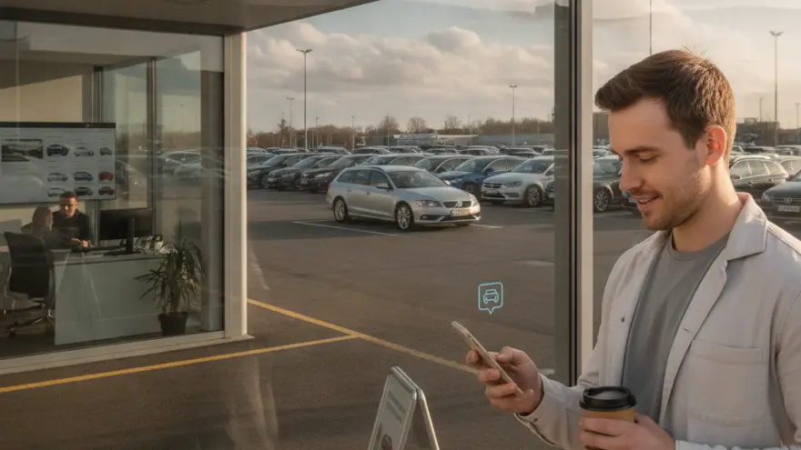 Un homme souriant regarde son smartphone en tenant un gobelet de café devant la vitrine d'une concession automobile.