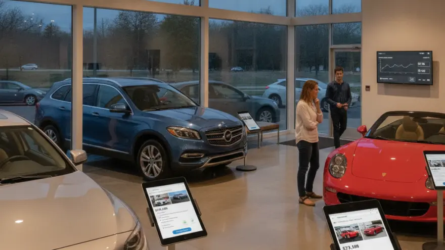 Une femme et un homme regardent des voitures exposées dans un showroom automobile moderne avec des tablettes d'information.