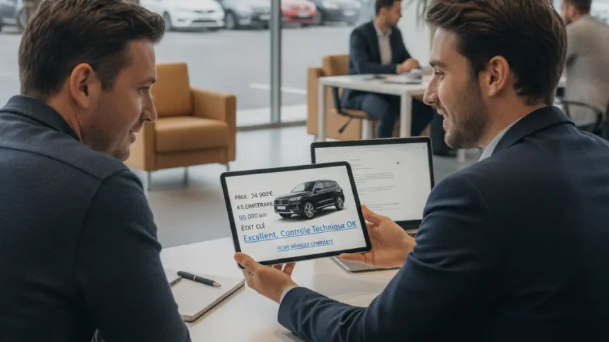 Un conseiller en costume montre une tablette affichant les détails d'un véhicule d'occasion à un client assis en face de lui dans une concession automobile.