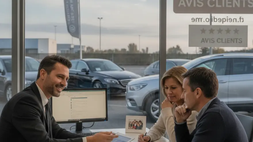 Un conseiller en costume montre une tablette à un couple assis à son bureau dans une concession automobile.