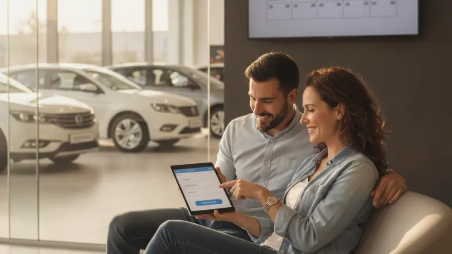 Una pareja sentada en un sillón mira una tableta digital dentro de un concesionario con coches de fondo.