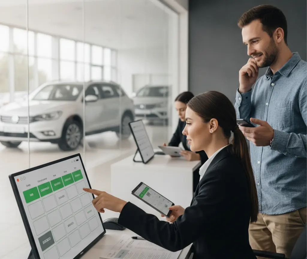 Une conseillère en costume montre un écran d'ordinateur à un client debout à côté d'elle dans une concession automobile.