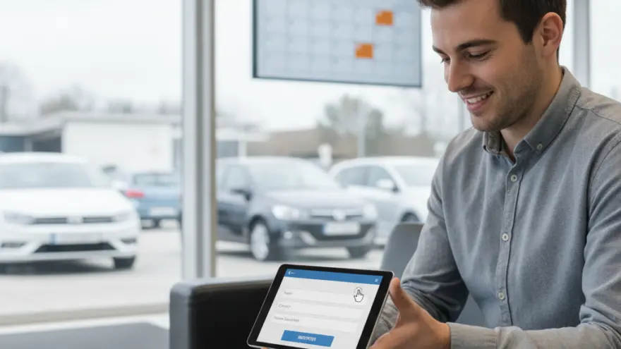 Un homme souriant assis sur un canapé noir présente une tablette affichant un formulaire de connexion dans une concession automobile.