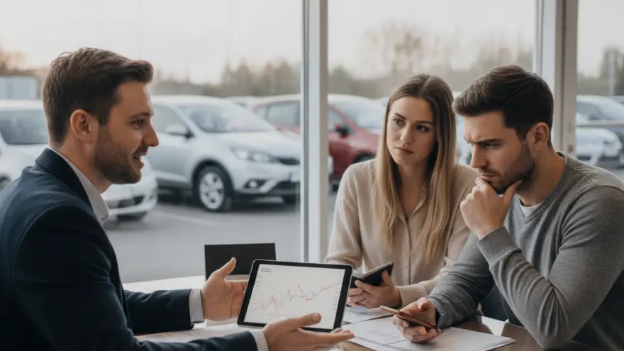 Un conseiller en costume présente un graphique sur une tablette à un jeune couple assis à une table dans une concession automobile.
