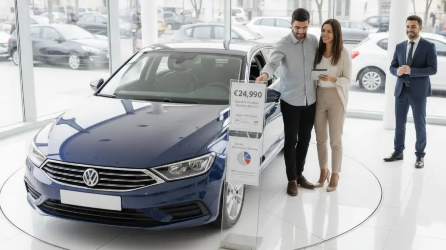Un couple regarde une voiture bleue dans une concession automobile en présence d'un vendeur.