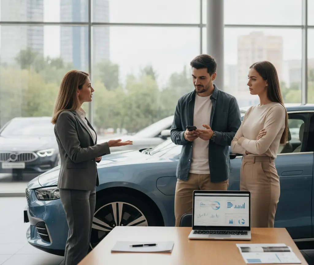 Une conseillère en costume gris discute avec un couple à côté d'une voiture bleue dans une concession automobile.