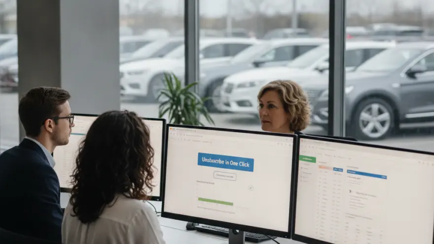 Tre impiegati d'ufficio seduti davanti a monitor di computer in una stanza con una grande vetrata che mostra auto parcheggiate all'esterno.