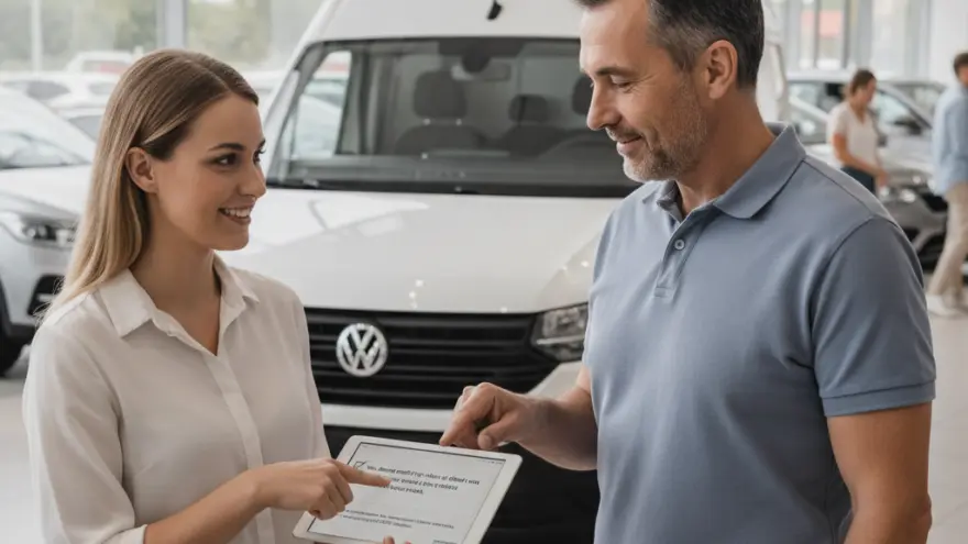 Una donna sorridente mostra un tablet a un uomo all'interno di un salone automobilistico con un furgone bianco sullo sfondo.