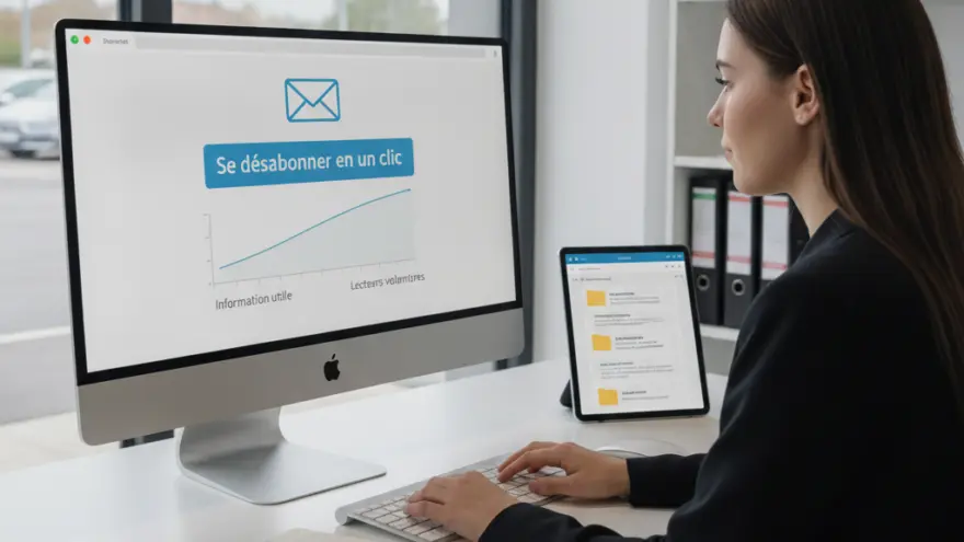 Une femme de profil travaille sur un ordinateur de bureau affichant un graphique et un bouton de désabonnement.