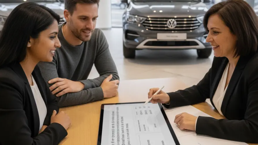 Un couple assis à une table en bois discute avec une conseillère qui montre un document sur une grande tablette numérique dans une concession automobile.