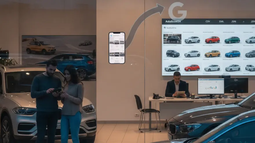 Una coppia guarda uno smartphone all'interno di un concessionario d'auto con vetture in esposizione e un impiegato alla scrivania.
