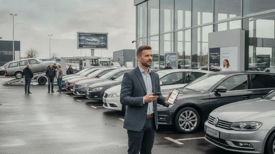 Un uomo in abito grigio tiene in mano uno smartphone nel piazzale esterno di una concessionaria d'auto con diverse vetture parcheggiate.