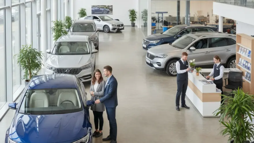 Vista elevada del interior de un concesionario de coches con varios vehículos expuestos, una pareja hablando junto a un coche azul y dos empleados en el mostrador de recepción.