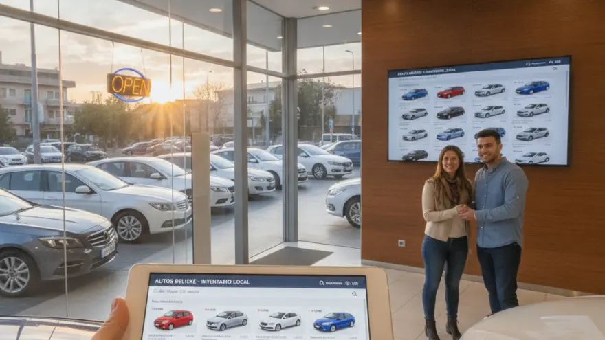 Una pareja sonríe en un concesionario de coches junto a una pantalla grande, mientras en primer plano una mano sostiene una tableta que muestra un catálogo de vehículos.