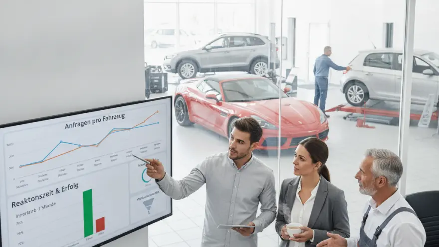 Drei Persone im Büro bespreched Diagramm uf eme Bildschirm, während im Hintergrund dur d Schibe e Autowerchstatt mit Fahrzüg z gseh isch.