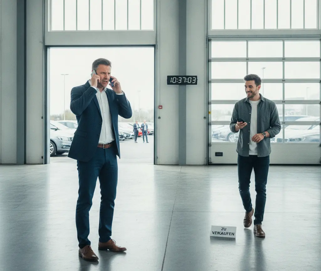 Zwei Männer telefoniere mit Handys inere grosse Halle mit offene Garagetor im Hintergrund.