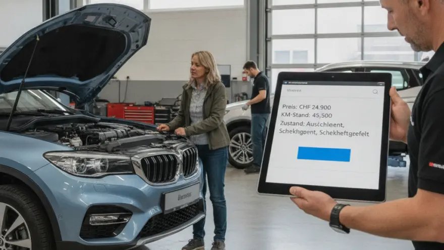 En Ma mit eme Tablet im Vordergrund zeigt Fahrzügdate, während im Hintergrund e Frau und en andere Ma inere Autowerchstatt bi Autos mit offener Motorhube stönd.