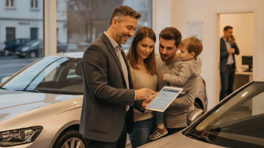 Ein Autoverkäufer zeigt einer Familie mit einem Kleinkind in einem Autohaus Informationen auf einem Tablet.