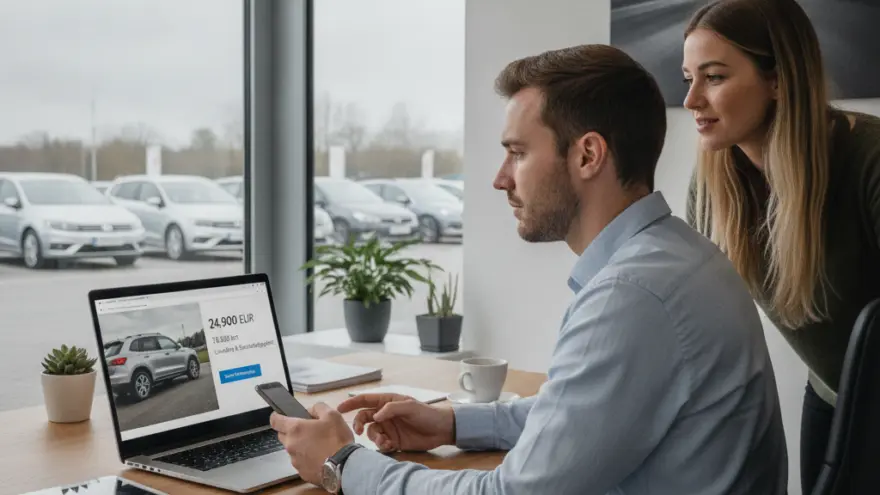 Ein Mann sitzt an einem Schreibtisch und schaut auf einen Laptop mit einem Autoangebot, während eine Frau hinter ihm steht und ebenfalls auf den Bildschirm blickt.