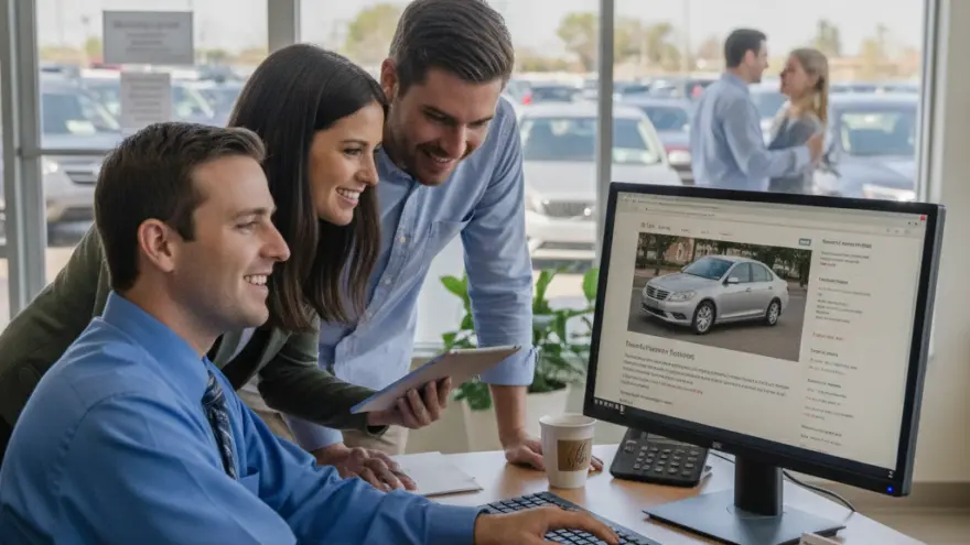 Een glimlachende verkoper in een blauw overhemd toont een echtpaar een auto op een computerscherm in een showroom.